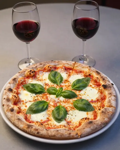 Wood-fired margherita pizza topped with fresh basil sits between two glasses of red wine on a round table