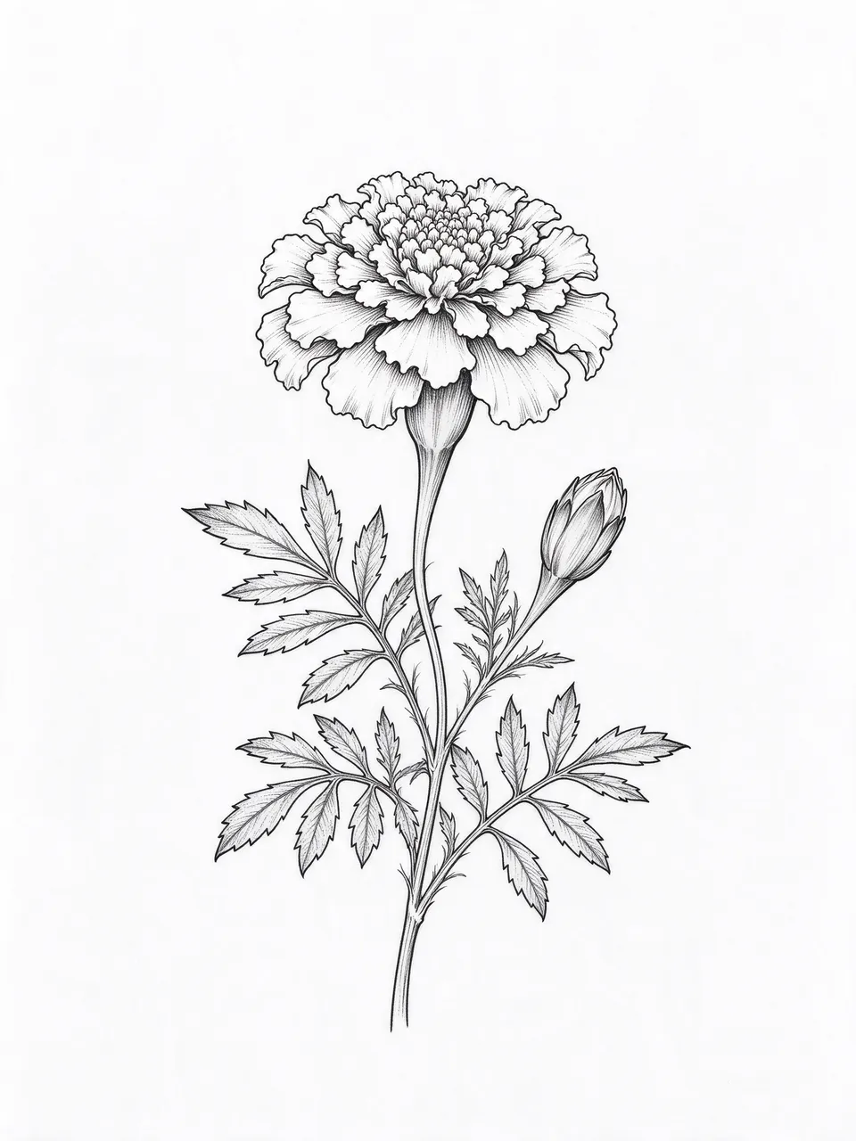 Delicate black ink drawing of a marigold stem with ruffled bloom, closed bud, and feathery leaves on plain white paper