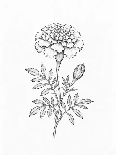Delicate black ink drawing of a marigold stem with ruffled bloom, closed bud, and feathery leaves on plain white paper