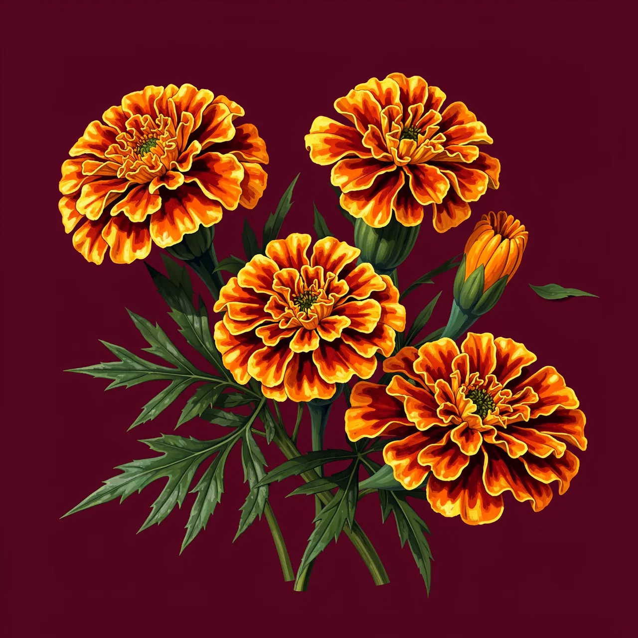 A hand-painted arrangement of ruffled orange and gold marigold blooms with dark green leaves against a deep maroon backdrop.