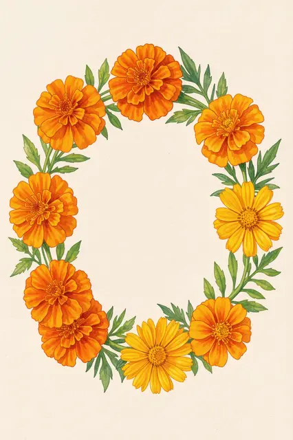 A gouache floral wreath of orange marigolds, yellow calendula, and green leaves frames an empty cream center.