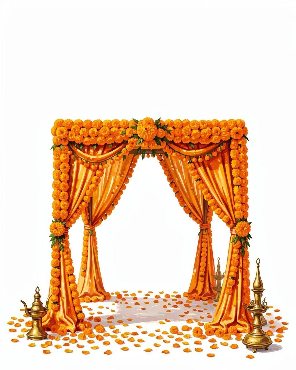 A gouache illustration of a marigold-decorated wedding mandap with brass lamps and scattered flower petals on a white