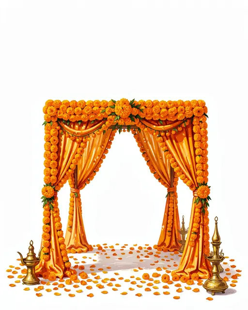 A gouache illustration of a marigold-decorated wedding mandap with brass lamps and scattered flower petals on a white