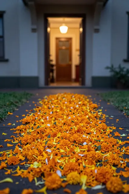 A trail of orange marigold petals leads toward a warmly lit open house doorway at dusk.