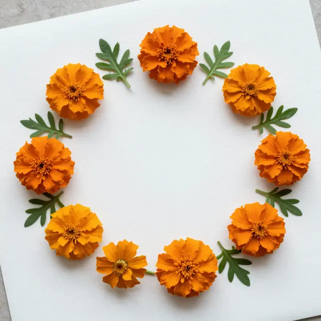 Overhead view of orange marigold flowers and green leaves arranged in a circle on textured white paper