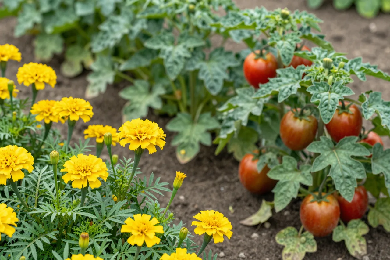 Bright yellow marigolds grow alongside ripening tomato plants in rich vegetable garden soil