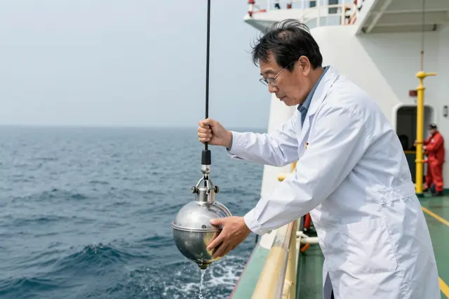 East Asian marine biologist in a lab coat operates a water sampler from the deck of a research vessel over the ocean.