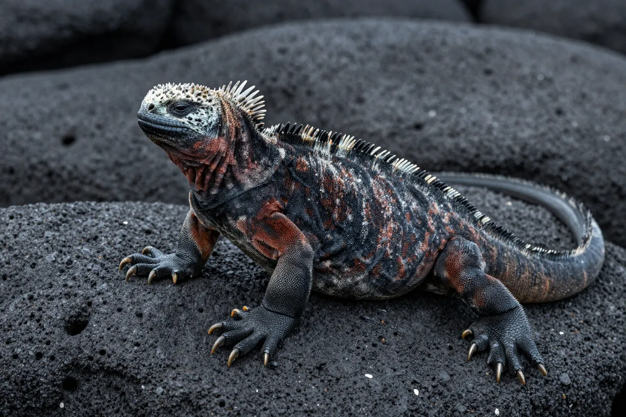 A patterned marine iguana rests perched on rough black volcanic lava rocks.