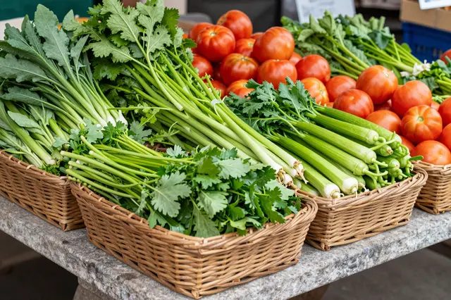 Wicker baskets of leafy greens, celery, and ripe tomatoes sit on a stone market stall.