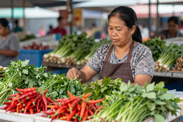 Mature Southeast Asian woman arranges fresh herbs and red chilies at an early morning market stall