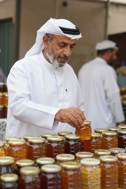 Senior Middle Eastern man in traditional clothing examines a glass honey jar at an outdoor village market stall.