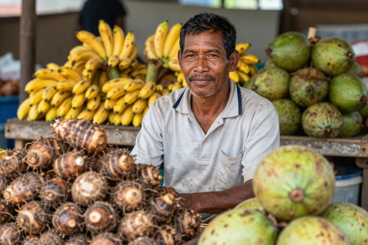 Middle aged market vendor sits behind a stall piled with taro, bananas, and green coconuts