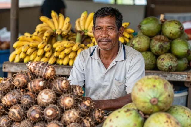 Middle aged market vendor sits behind a stall piled with taro, bananas, and green coconuts