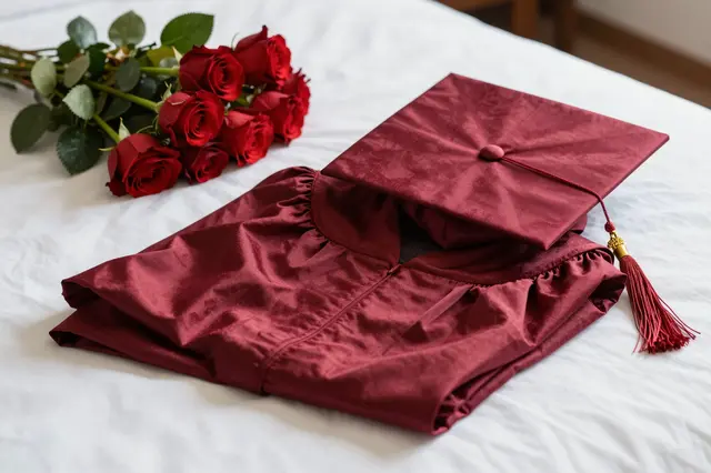 Folded maroon graduation cap and gown rest on a white bed beside a bouquet of red roses.