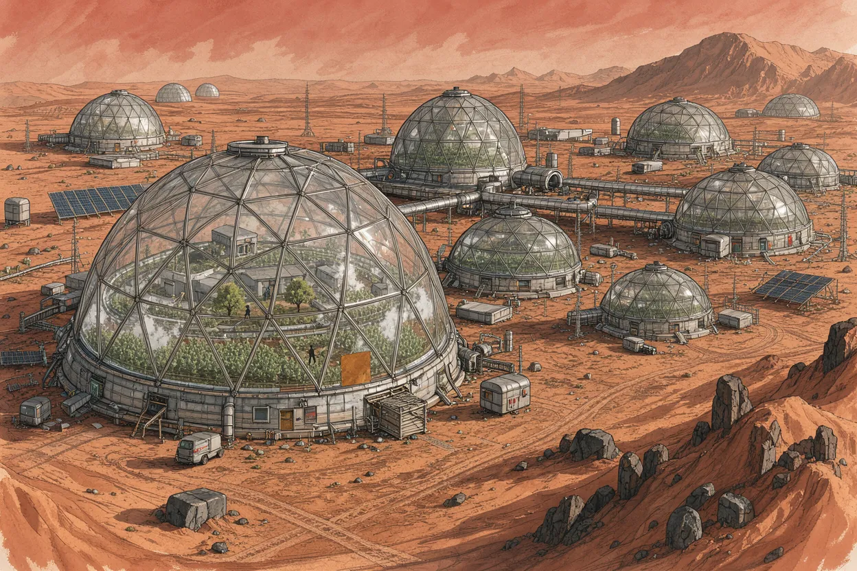 Illustration of a cluster of geodesic dome habitats spread across a rust-red desert alien planet landscape