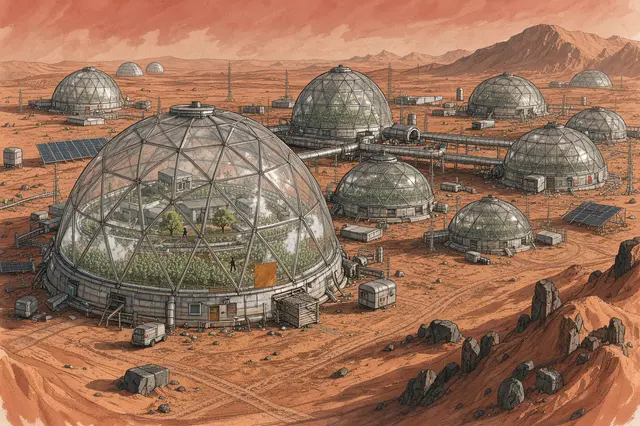 Illustration of a cluster of geodesic dome habitats spread across a rust-red desert alien planet landscape