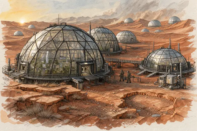 Futuristic glass dome settlement sprawls across a red desert planet at sunrise