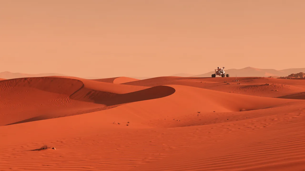 Red undulating Mars dunes stretch under a hazy orange sky with a robotic rover on a far ridge