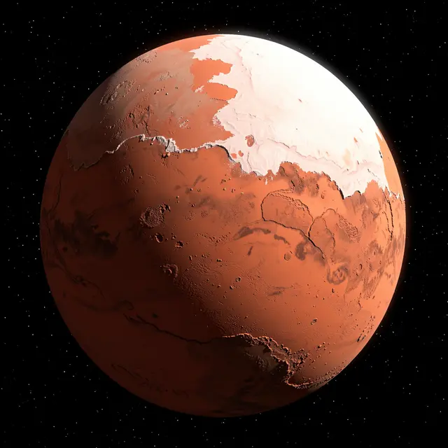 A rendered view of the planet Mars with a prominent white north polar ice cap against a starry black space background
