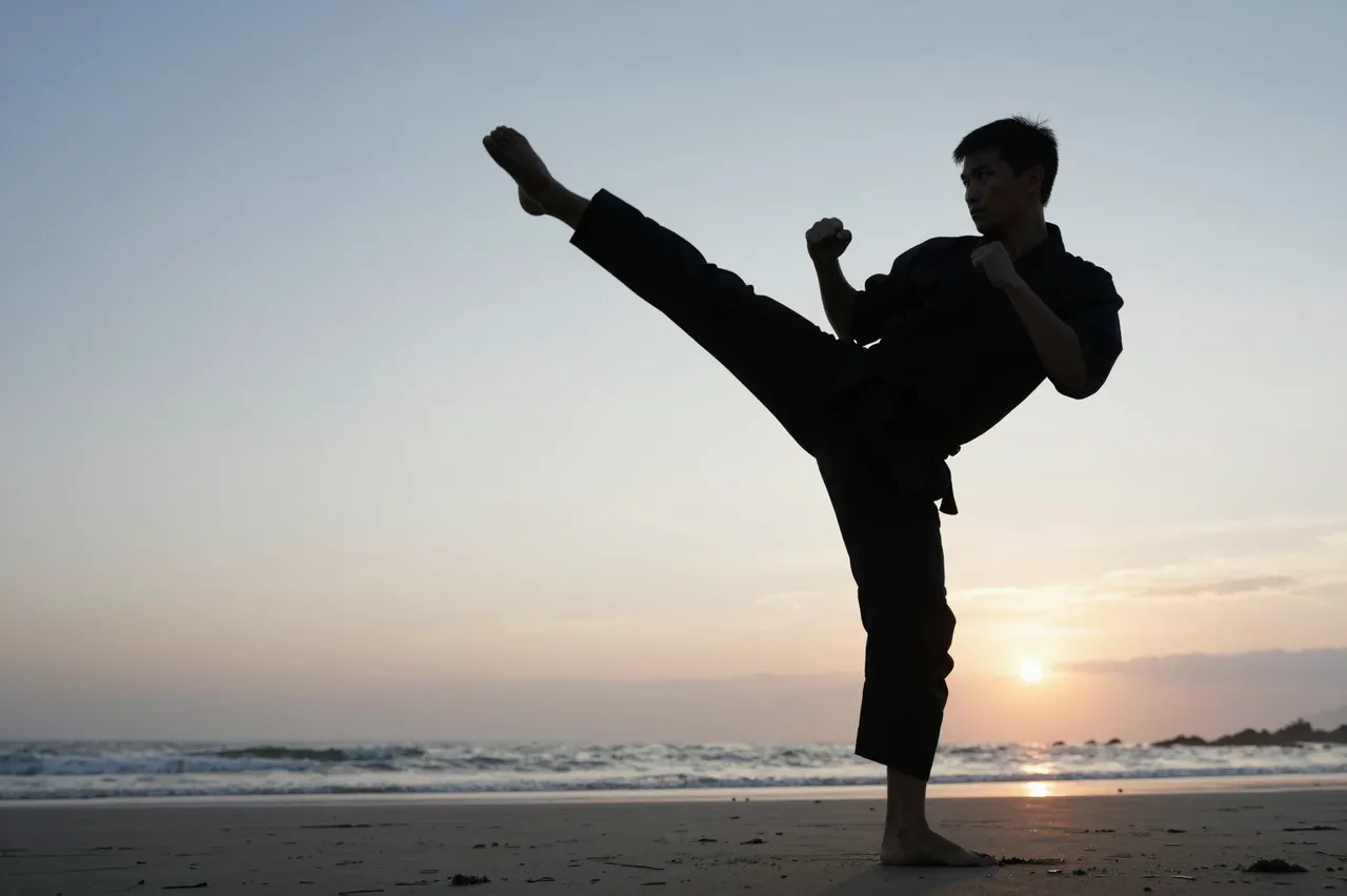 A martial artist performs a high kick silhouetted against a dawn sky on a sandy beach