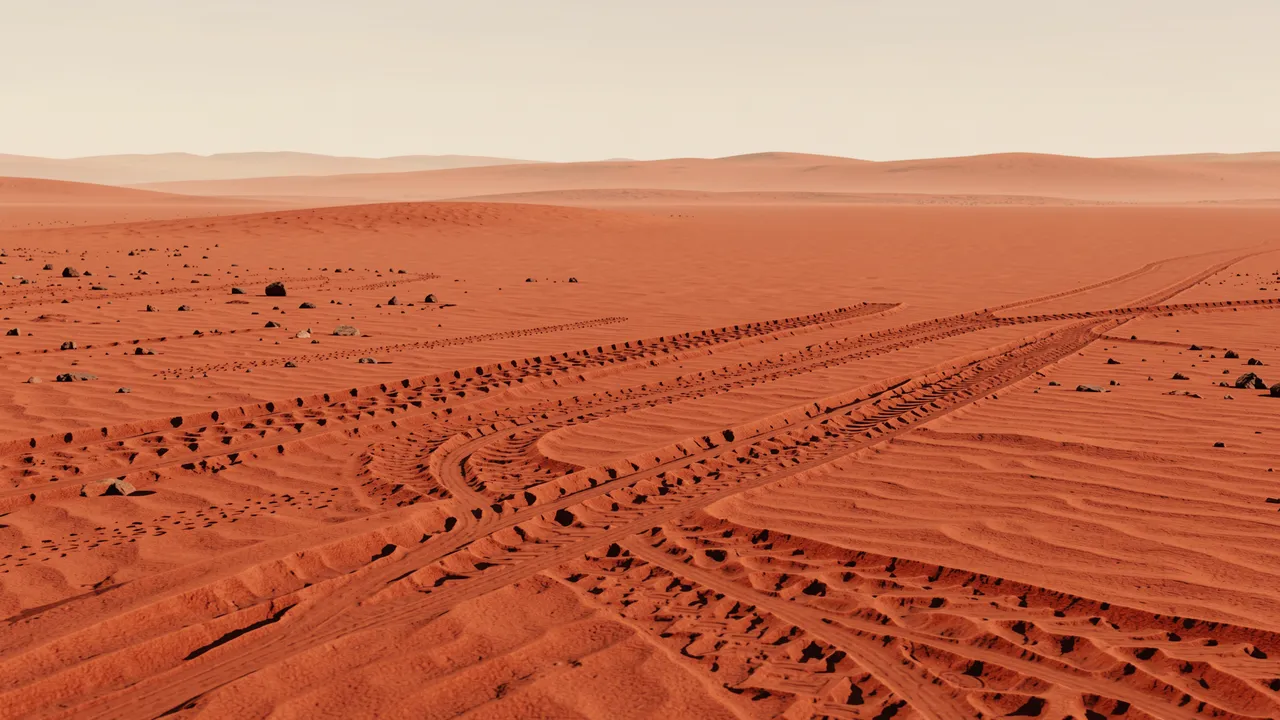 Curving rover tire tracks stretch across red sandy Martian terrain under a pale hazy sky