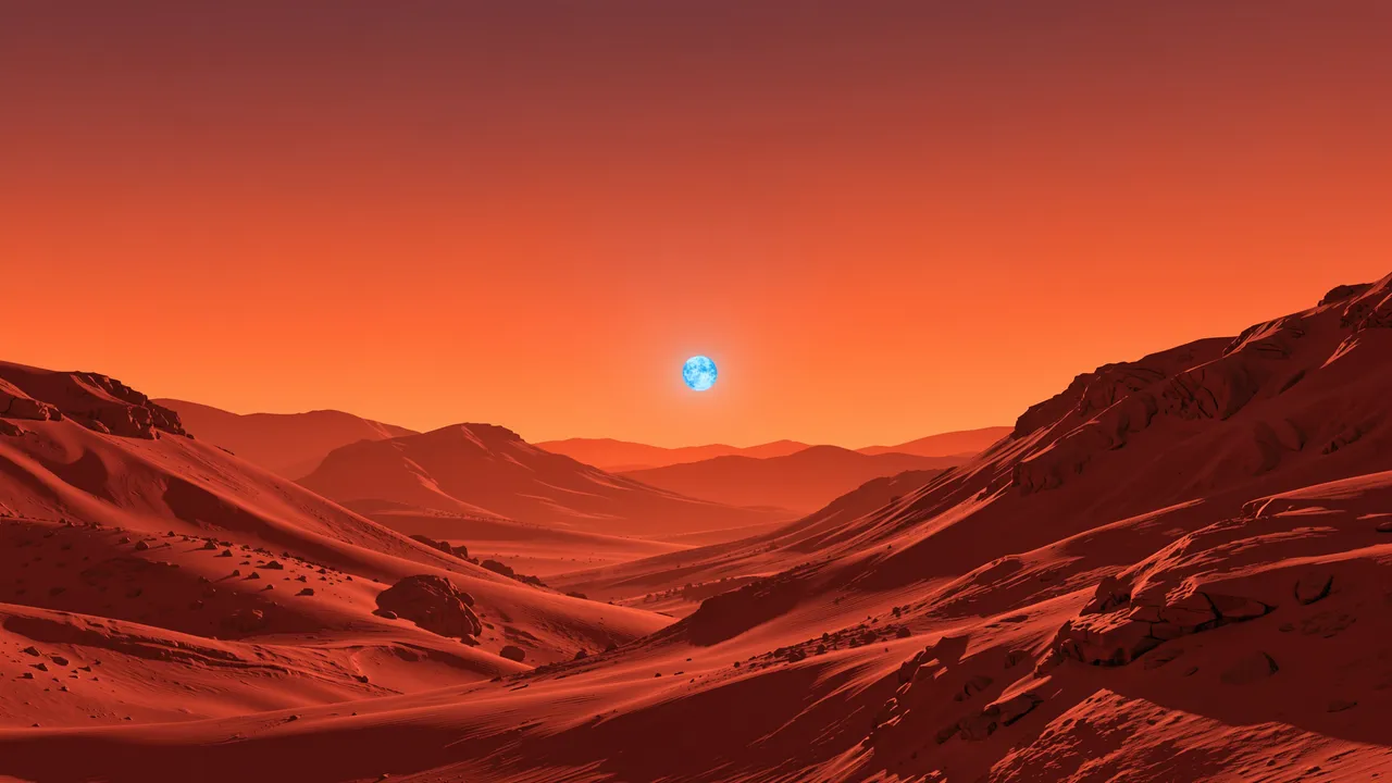 A small blue sun hangs above rolling red Martian hills under an orange sunset sky