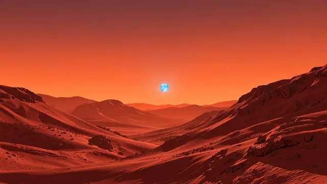 A small blue sun hangs above rolling red Martian hills under an orange sunset sky