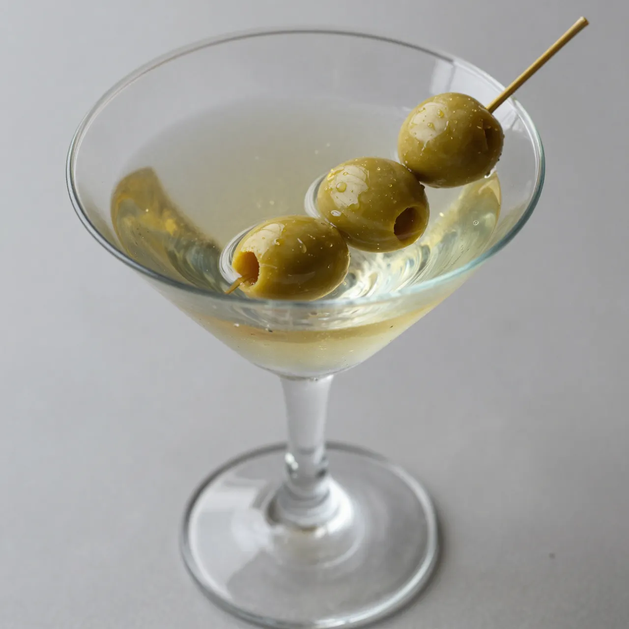 Chilled cloudy martini in a glass garnished with three green olives on a wooden pick