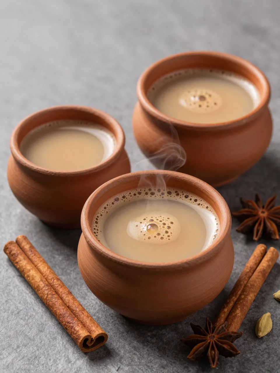 Three clay cups of steaming masala chai sit with whole spices on a gray stone surface