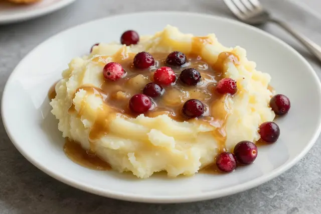 A white plate holds creamy mashed potatoes topped with brown gravy and fresh whole cranberries.
