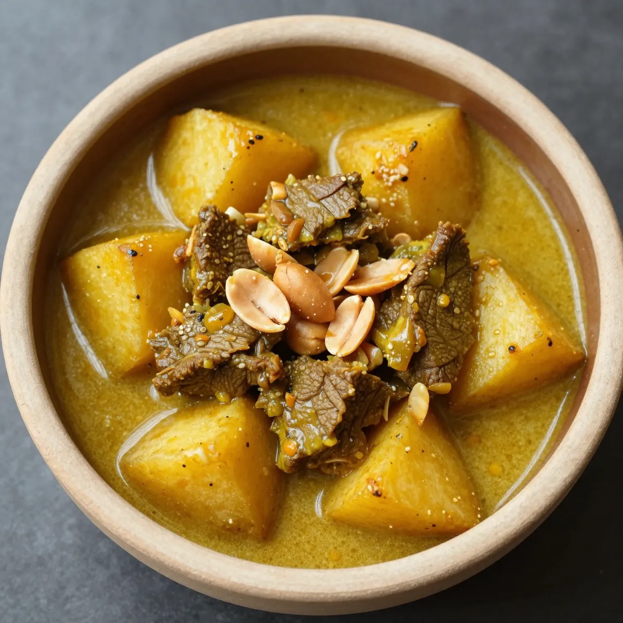 Top-down view of massaman curry with potatoes, beef and peanuts in a light clay bowl on a dark surface