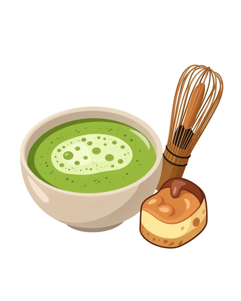 Flat vector illustration of a frothy matcha tea bowl next to a bamboo chasen whisk and small cake slice