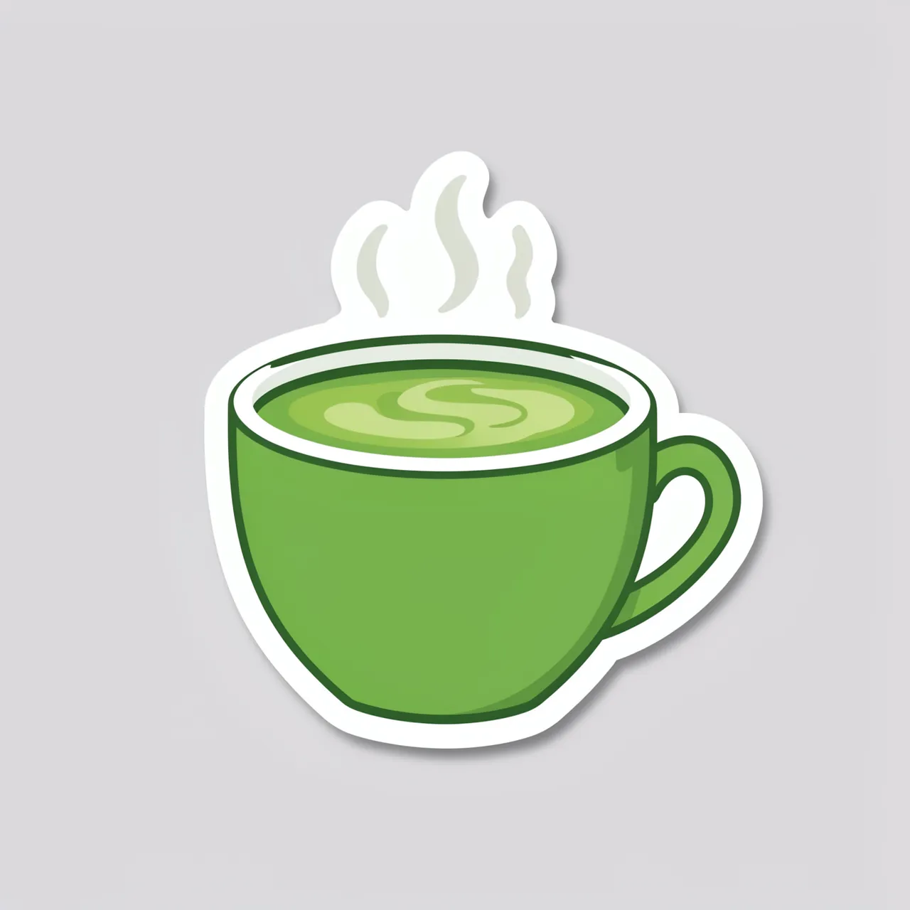 Die-cut sticker of a steaming green matcha latte cup on a plain light gray background