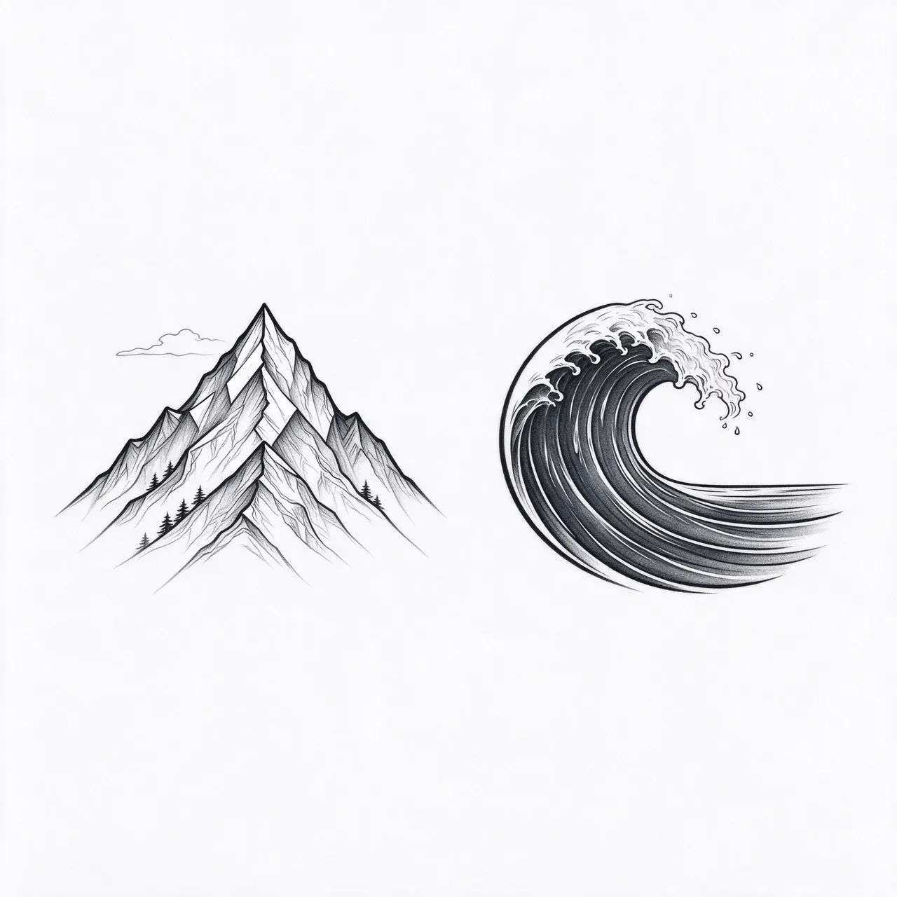 Fine line drawing of a mountain peak and a curling ocean wave set apart on plain white paper