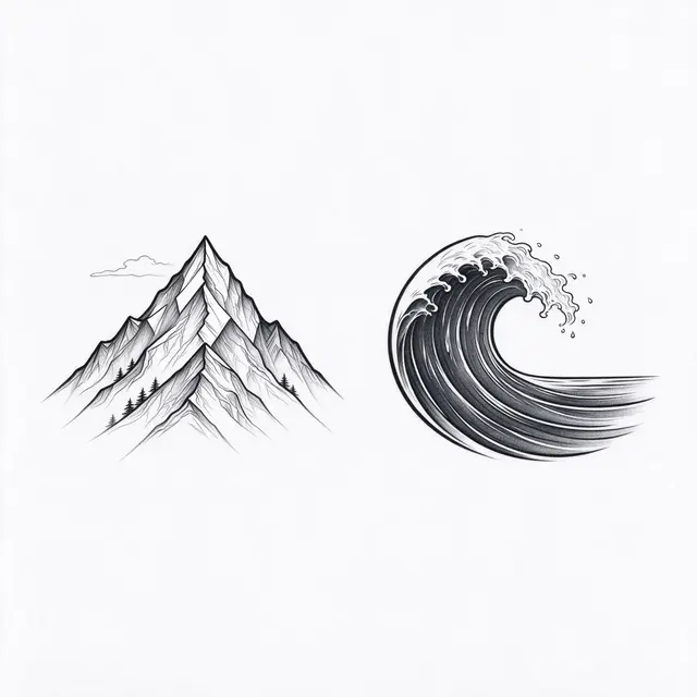 Fine line drawing of a mountain peak and a curling ocean wave set apart on plain white paper