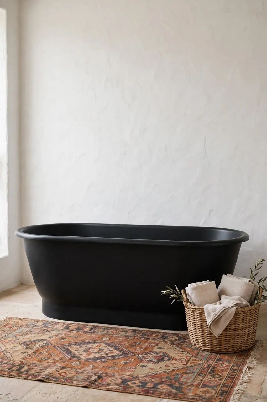 A matte black freestanding bathtub sits against a white plaster wall with a vintage rug and wicker basket of linens.
