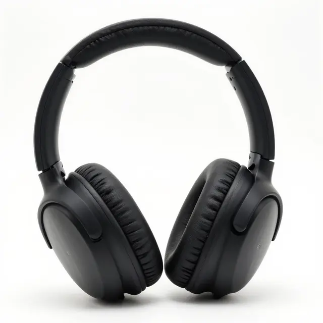 Plain matte black over-ear headphones rest against a pure white studio background.