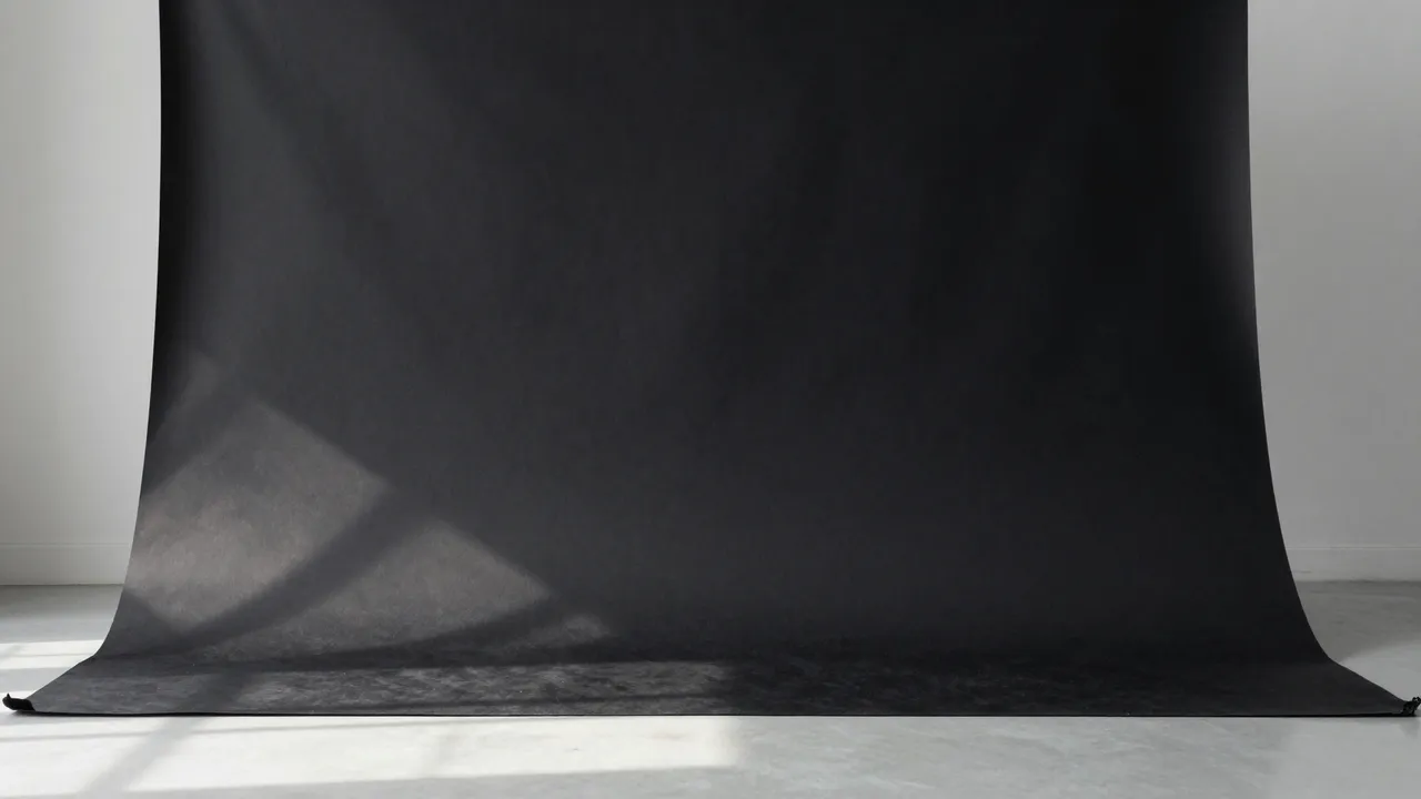 A seamless matte black studio backdrop rests on a light gray floor with soft light pooling at its base.