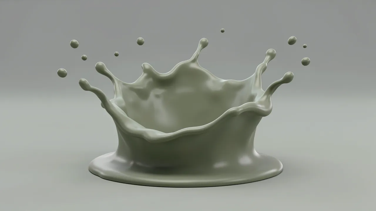 A 3D rendered frozen mid-splash of smooth matte sage clay against a soft gray background