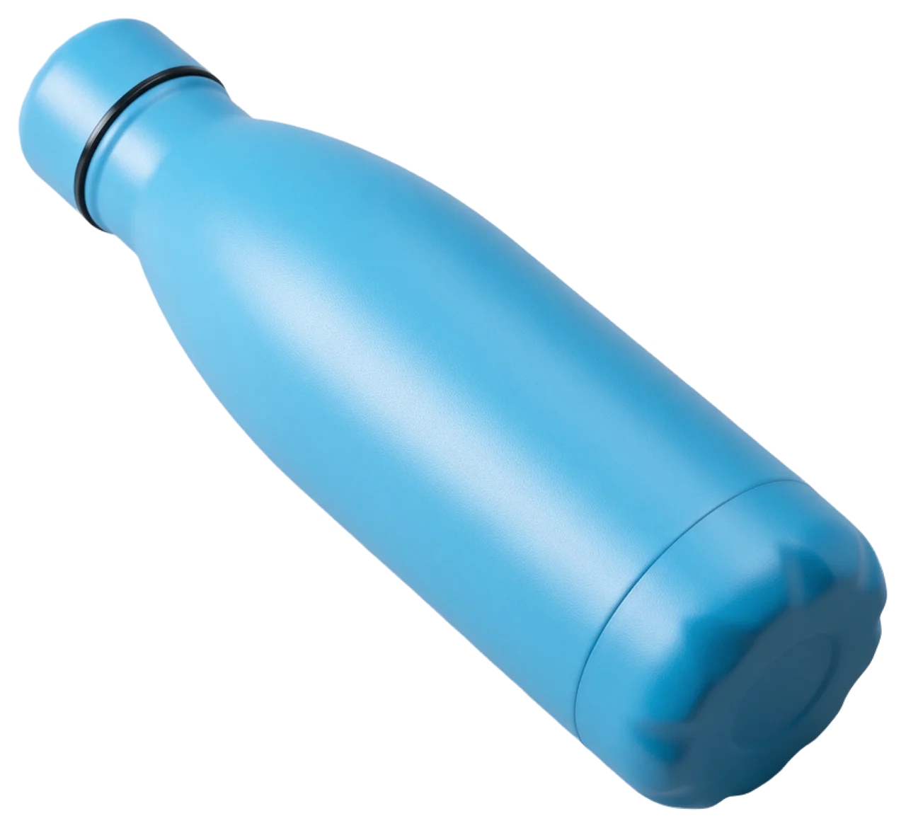 A slim matte sky blue stainless steel water bottle positioned diagonally from above
