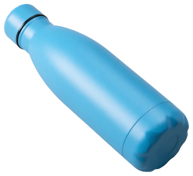 A slim matte sky blue stainless steel water bottle positioned diagonally from above
