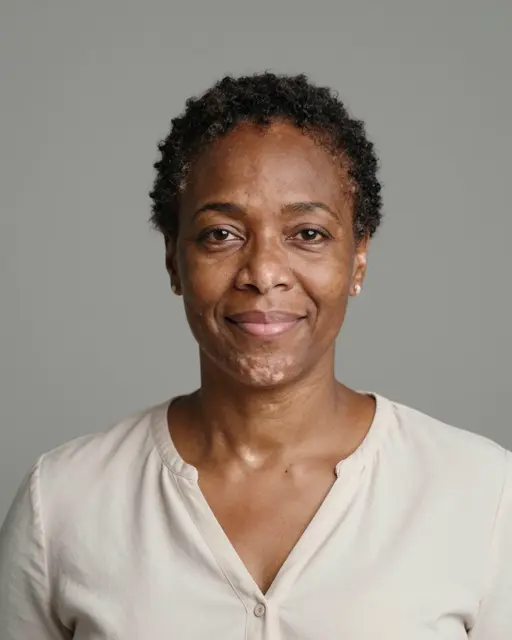 Studio headshot of a Black woman in her fifties with vitiligo wearing a cream blouse and smiling gently.