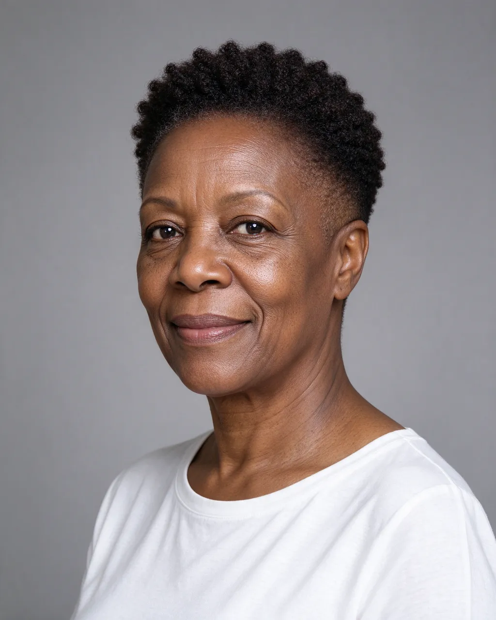 Head and shoulders studio portrait of a middle aged Black woman with short coiled hair wearing a plain white top