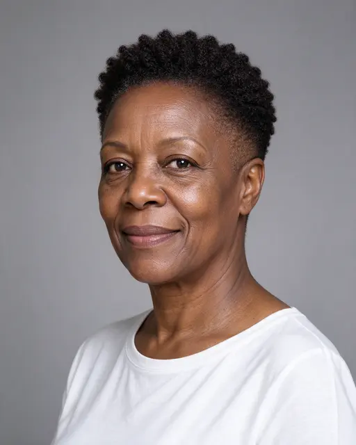 Head and shoulders studio portrait of a middle aged Black woman with short coiled hair wearing a plain white top
