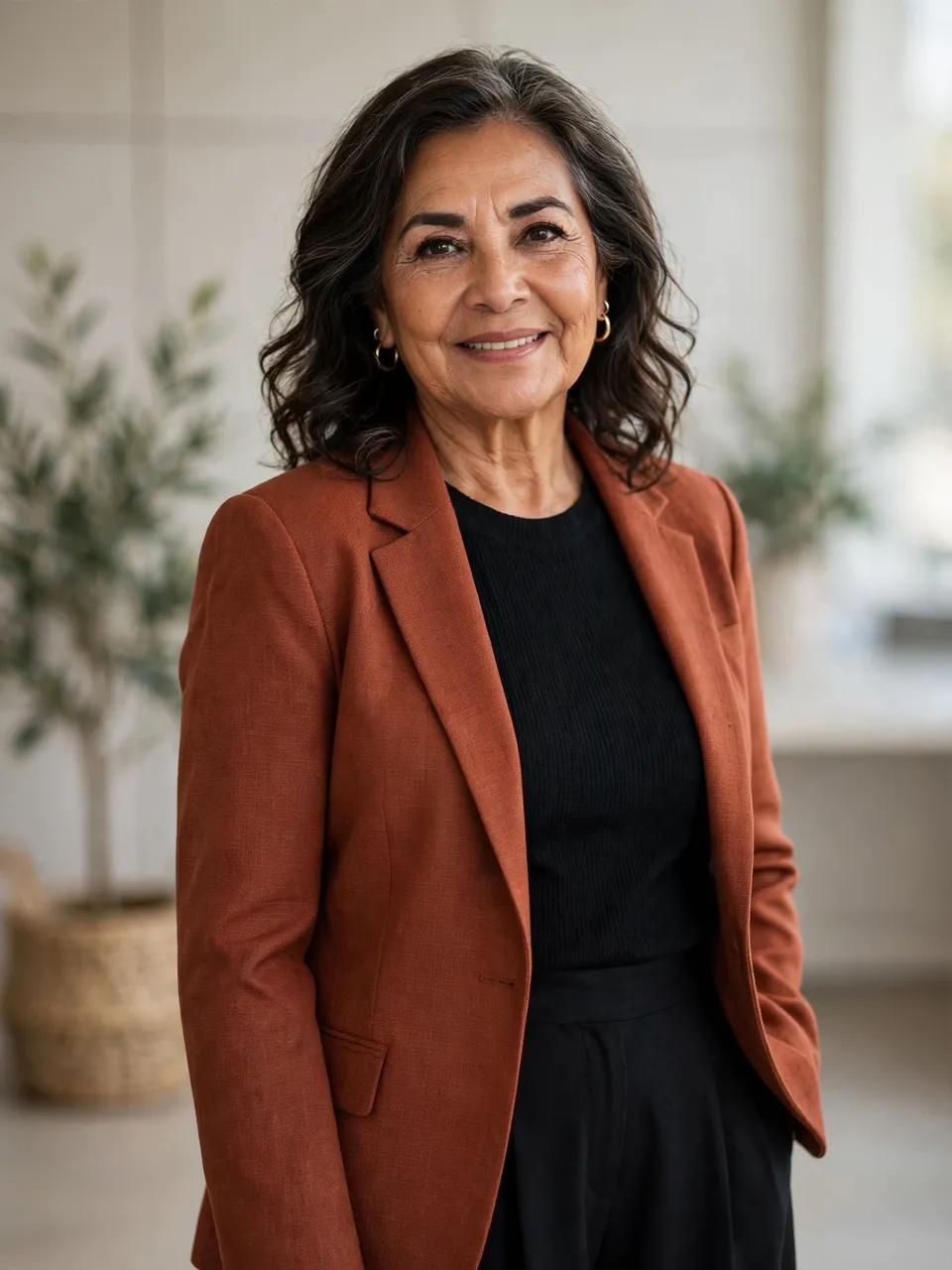 Smiling Latina woman in her fifties wearing a rust blazer stands in a bright modern office space