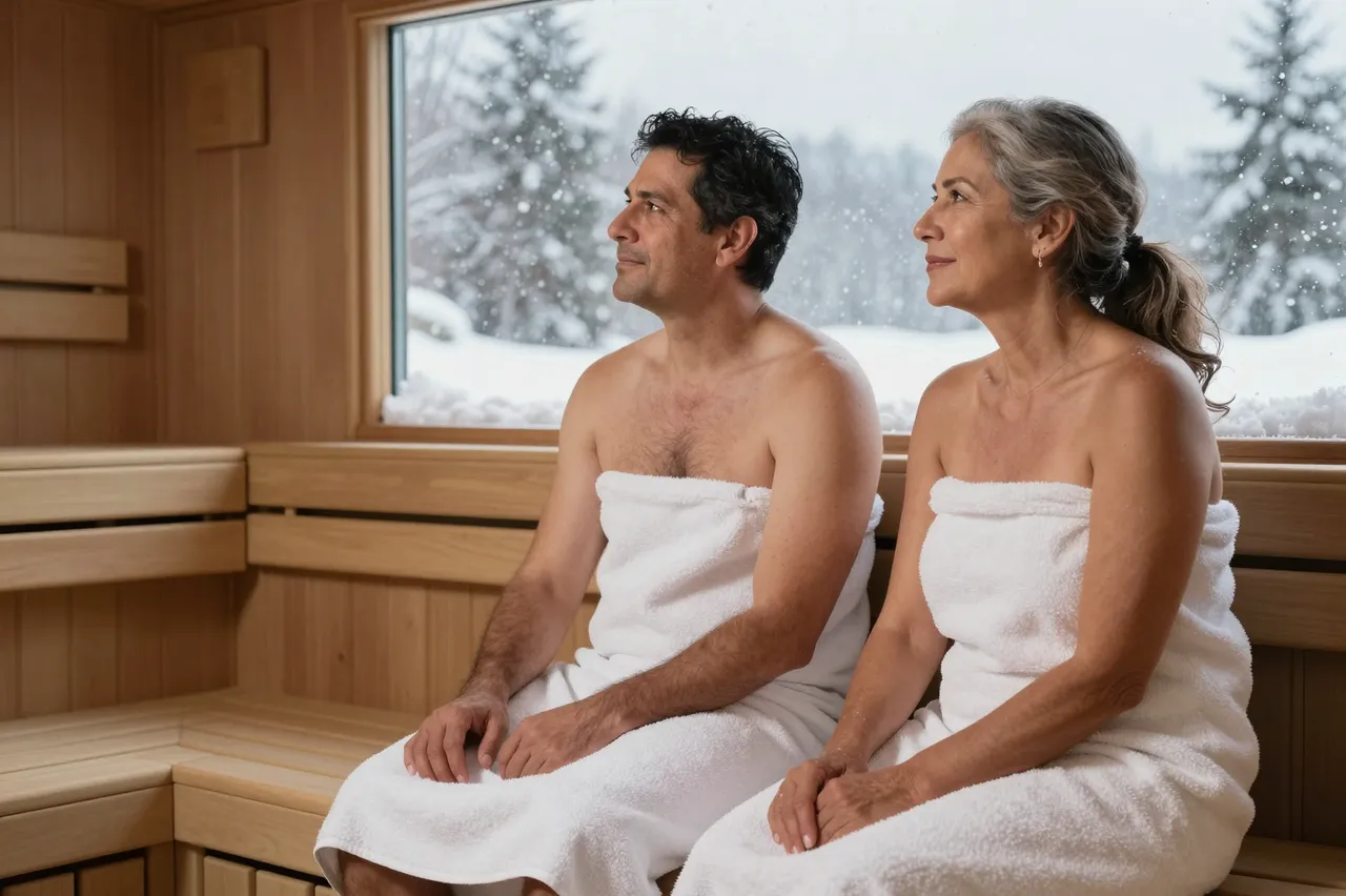 Two people wrapped in white towels sit in a wooden sauna looking out at falling snow through the window.
