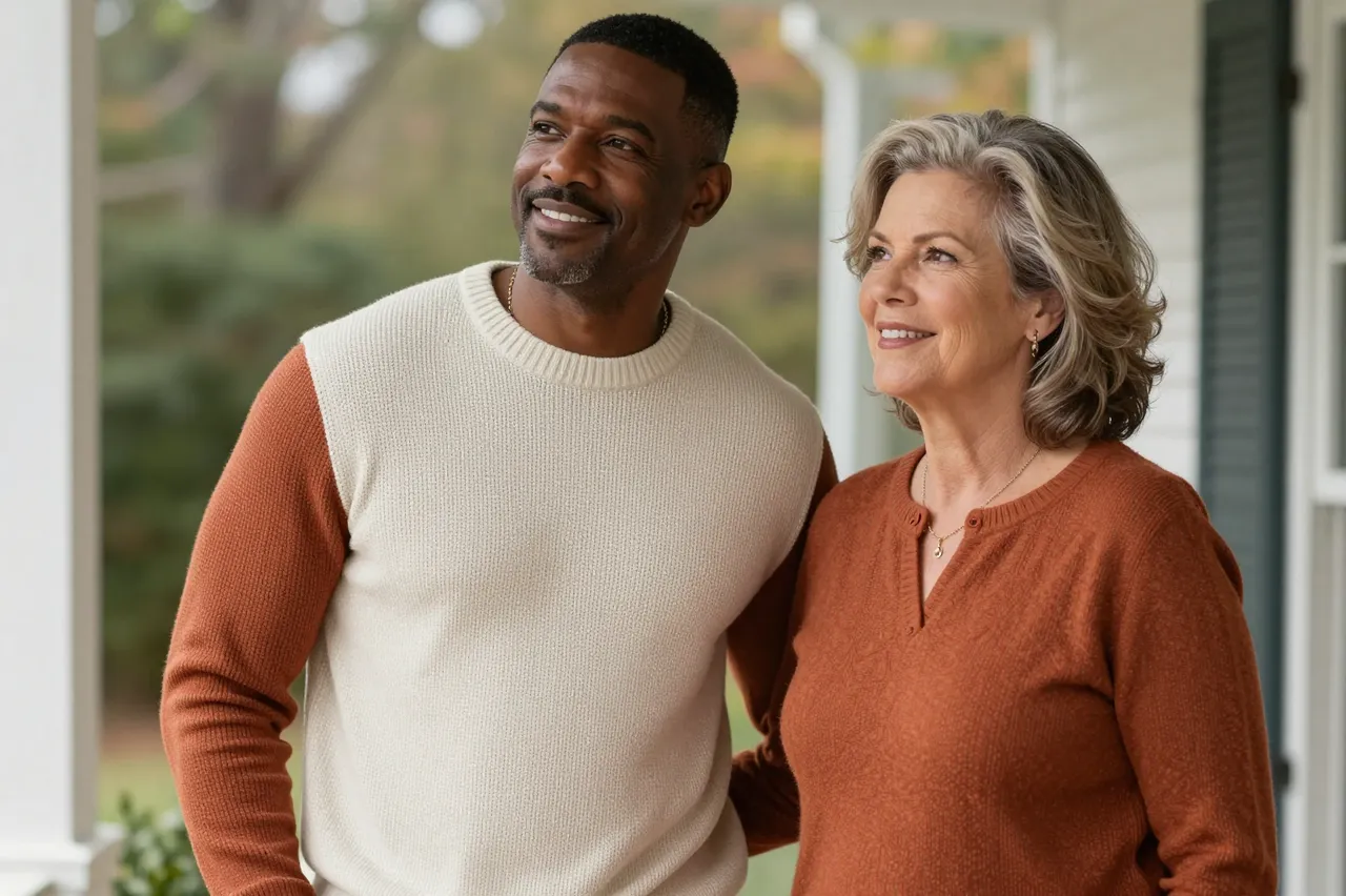 Interracial senior couple in rust and cream knit sweaters stand smiling on a home porch
