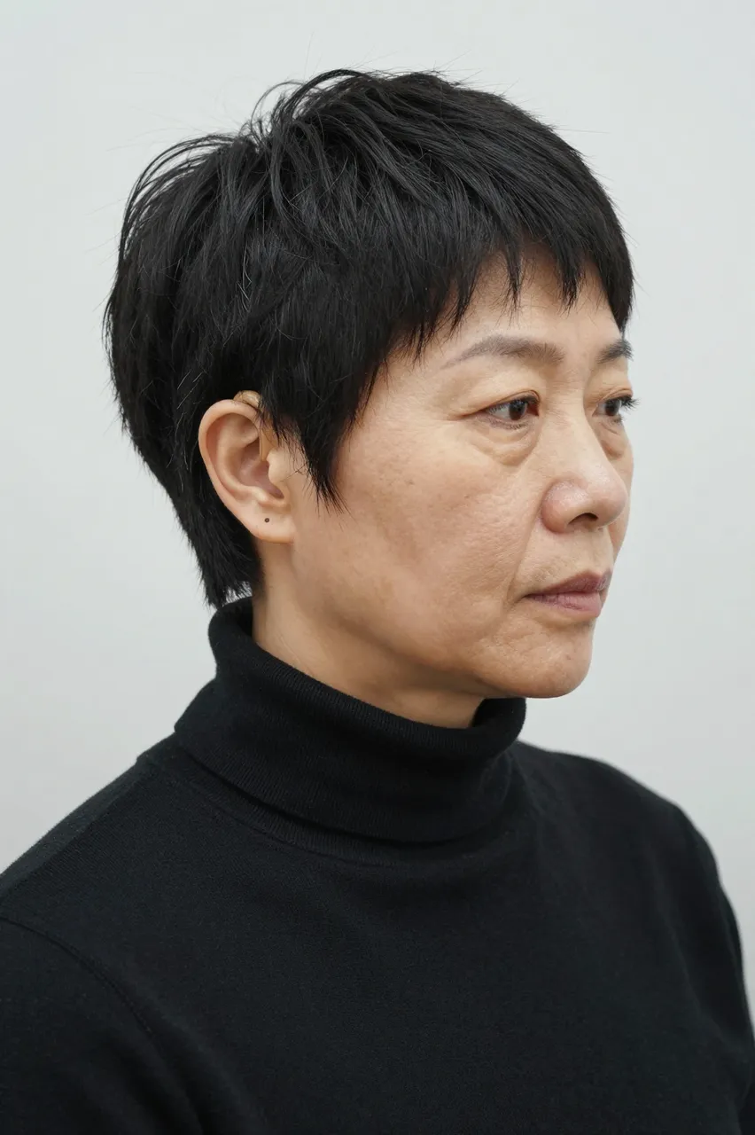 Bust profile view of an East Asian woman with a pixie cut wearing a black turtleneck against a plain light gray wall