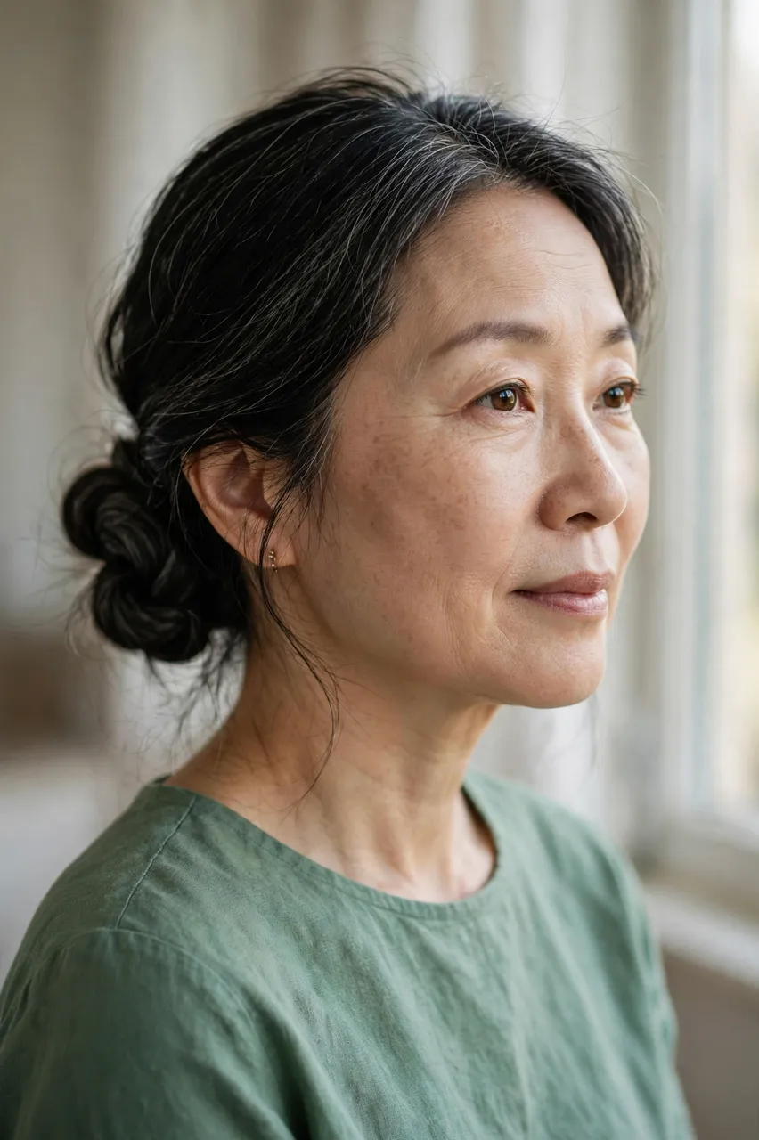 Three-quarter portrait of a middle-aged East Asian woman with a twisted bun in soft window light