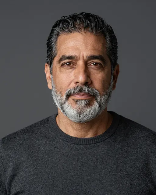 Headshot of a sixtysomething Latino man with a silver beard wearing a charcoal sweater against a dark gray backdrop